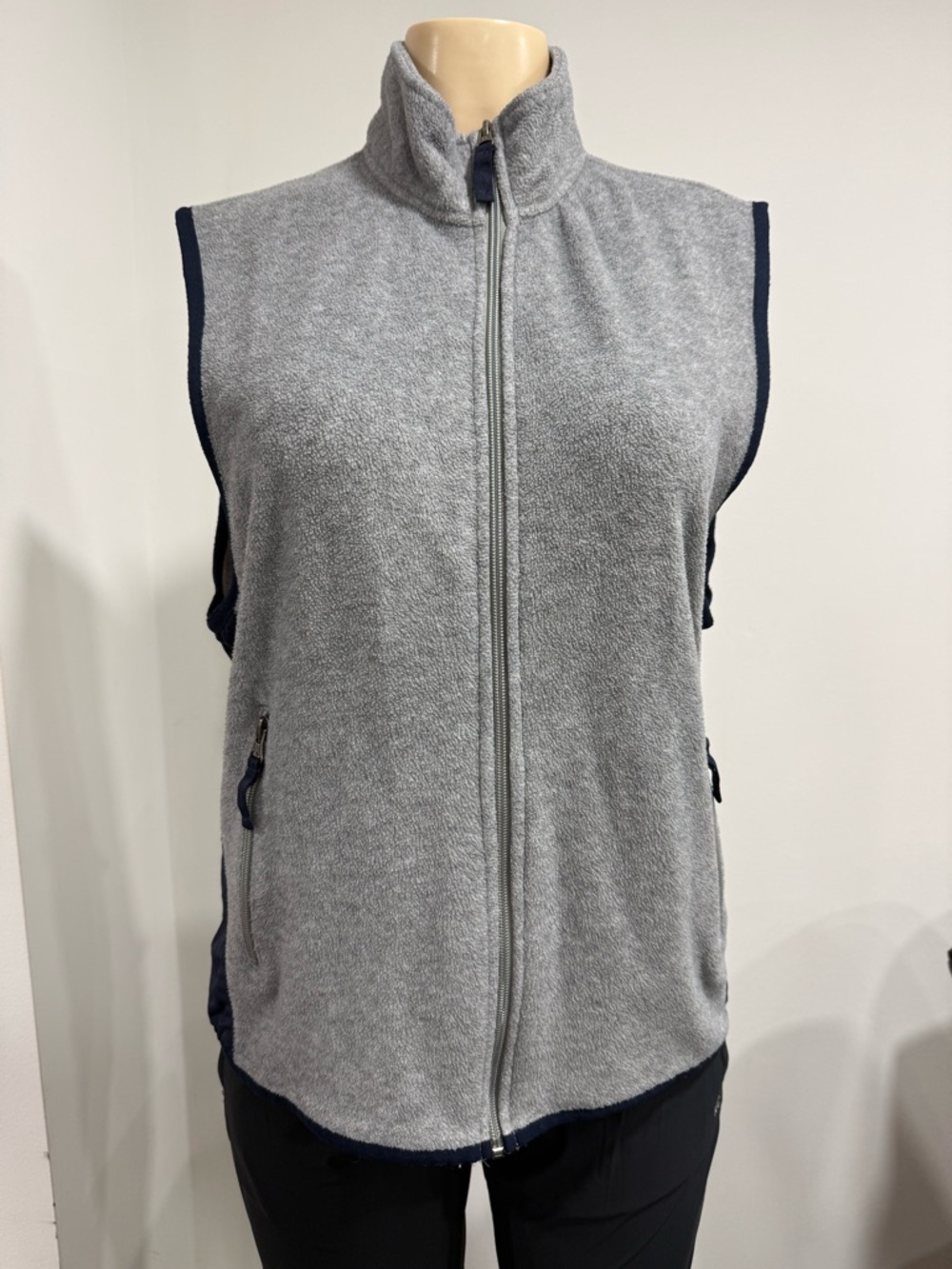GAP Gray Fleece Zip Front Vest with Navy Trim